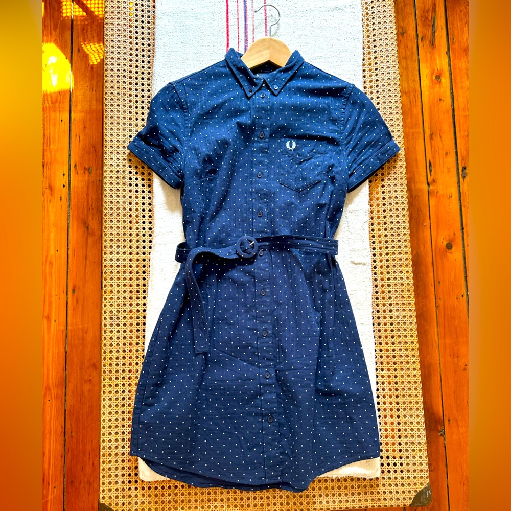 Fred Perry navy and polka dot shirt dress with belt, size 8